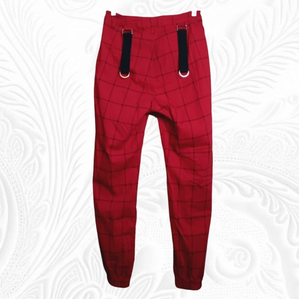 American Bazi Red & Black Plaid Pants Straps & Metal Hardware Jogger Hems Size M - Picture 3 of 3